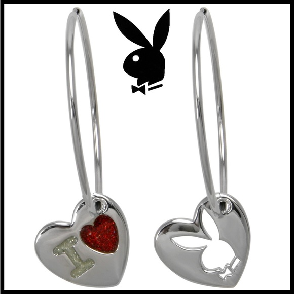 Playboy Hoop Earrings I Love Bunny Heart Charm y2k - Picture 2 of 9